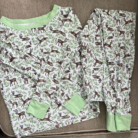 Magnolia Baby Green and Brown Pajama Sets with Whimsical Deer Design - Picture 1 of 4